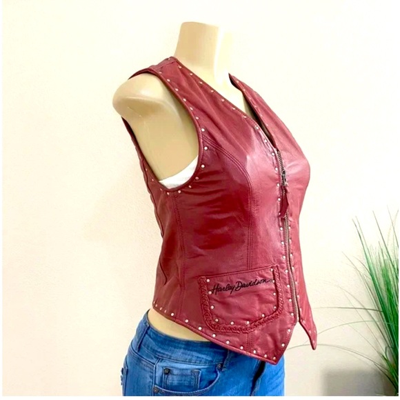 HARLEY-DAVIDSON | Red Genuine Leather Moto Studded Zip Up Women’s Vest Sz S - Picture 5 of 15